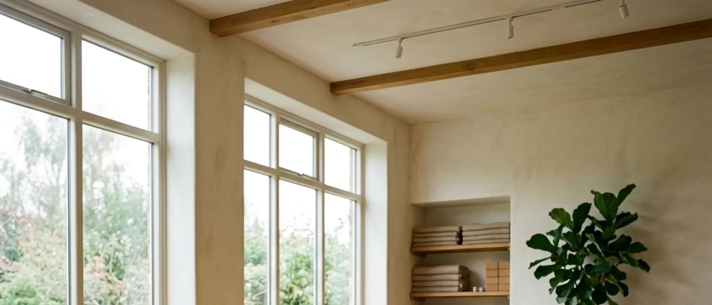 A bright, empty movement studio with a rolled yoga mat and folded towel on a wooden floor by tall windows.
