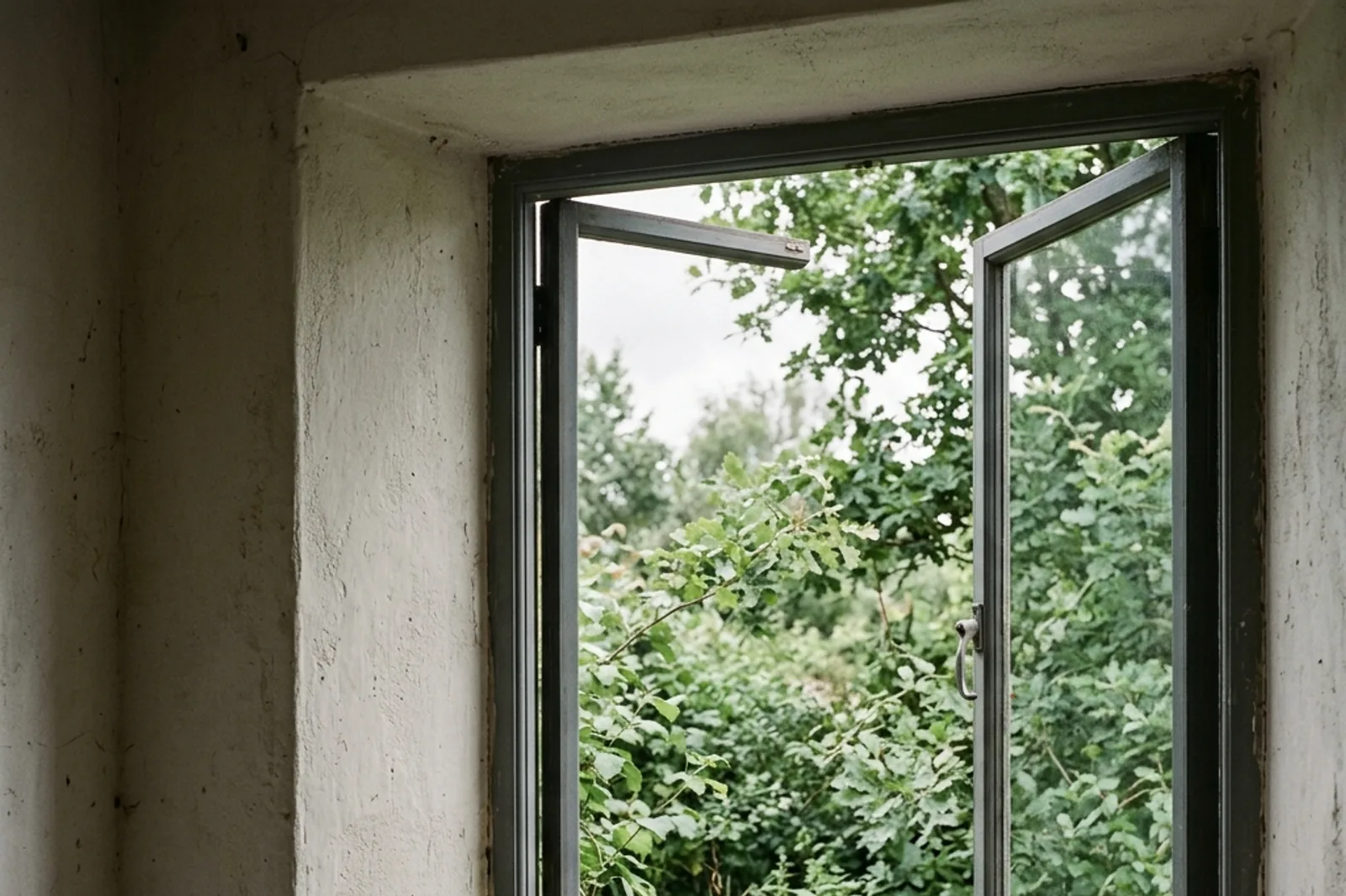 An open wooden window looking out onto soft green garden foliage.