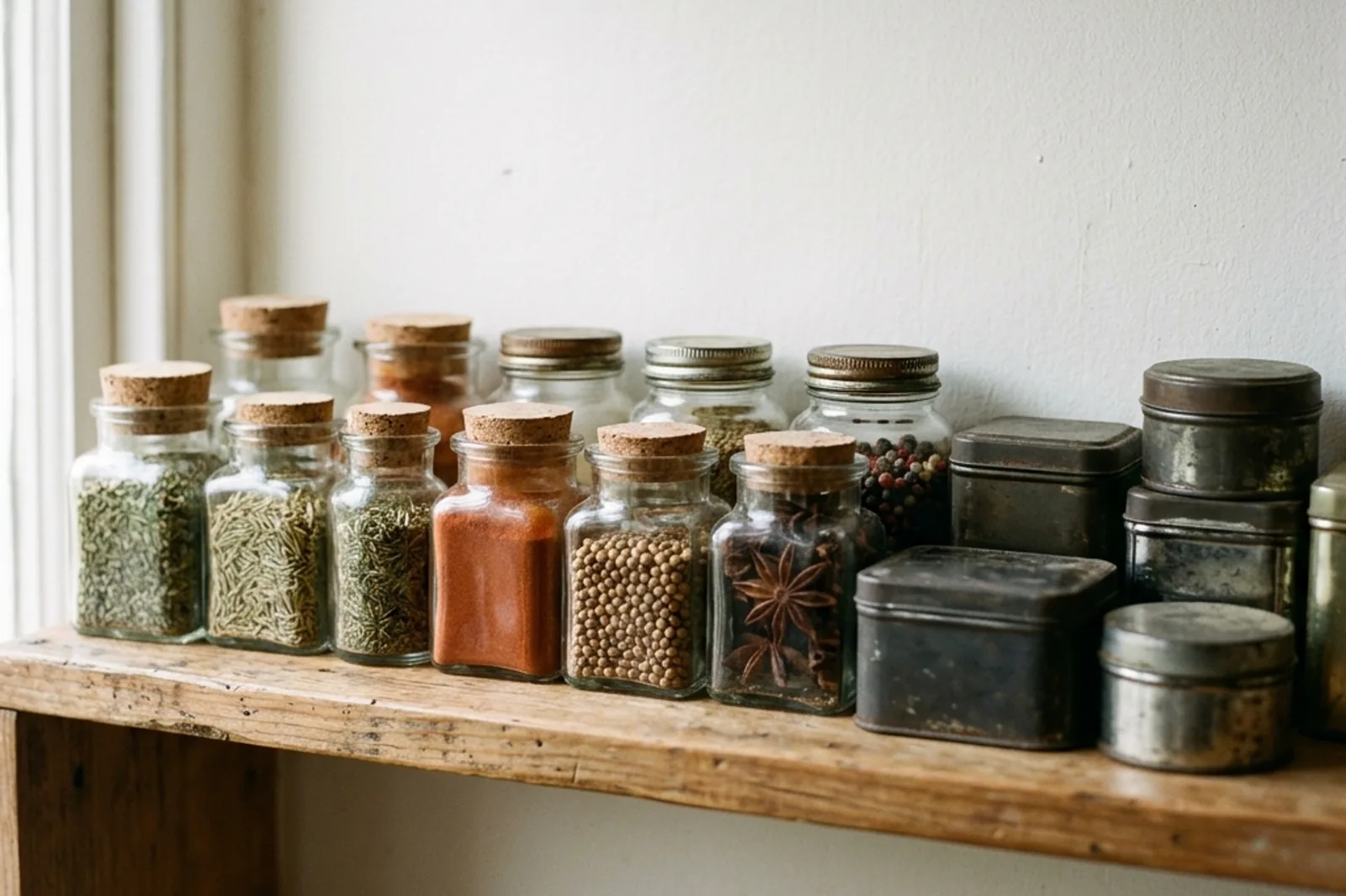 A kitchen shelf holding small spice jars and loose-leaf tea tins in soft daylight.